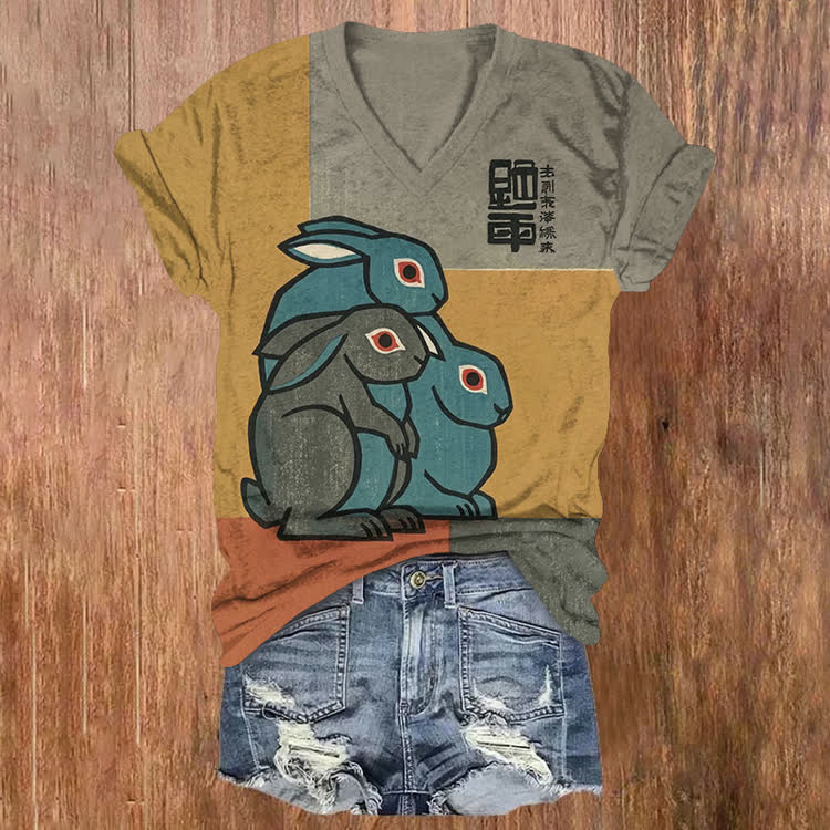 Japanese Three Rabbits Pattern Print Short Sleeved V-Neck T-Shirt - Yellow - US32-34(5XL) - image 1