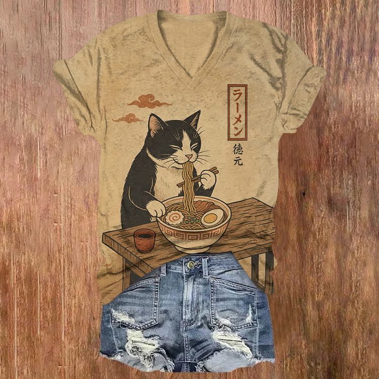 Japanese Ramen Cat Pattern Print Short Sleeved V-Neck T-Shirt - Apricot - US32-34(5XL) - image 1