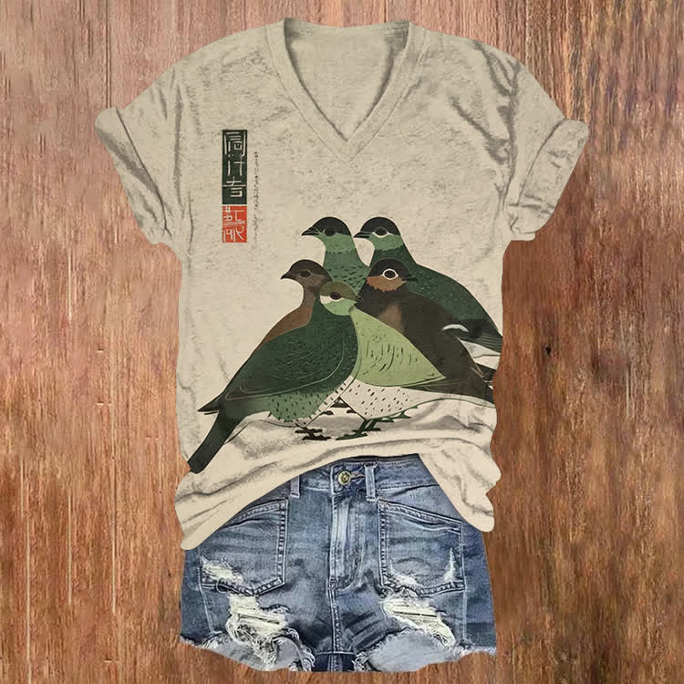 Japanese Pigeon Gathering Pattern Print Short Sleeved V-Neck T-Shirt - Apricot - US32-34(5XL) - image 1