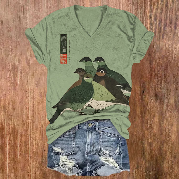 Japanese Pigeon Gathering Pattern Print Short Sleeved V-Neck T-Shirt - Light Green - US32-34(5XL) - image 3