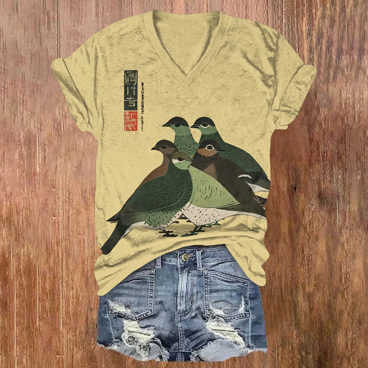 Japanese Pigeon Gathering Pattern Print Short Sleeved V-Neck T-Shirt - Yellow - US32-34(5XL) - image 2
