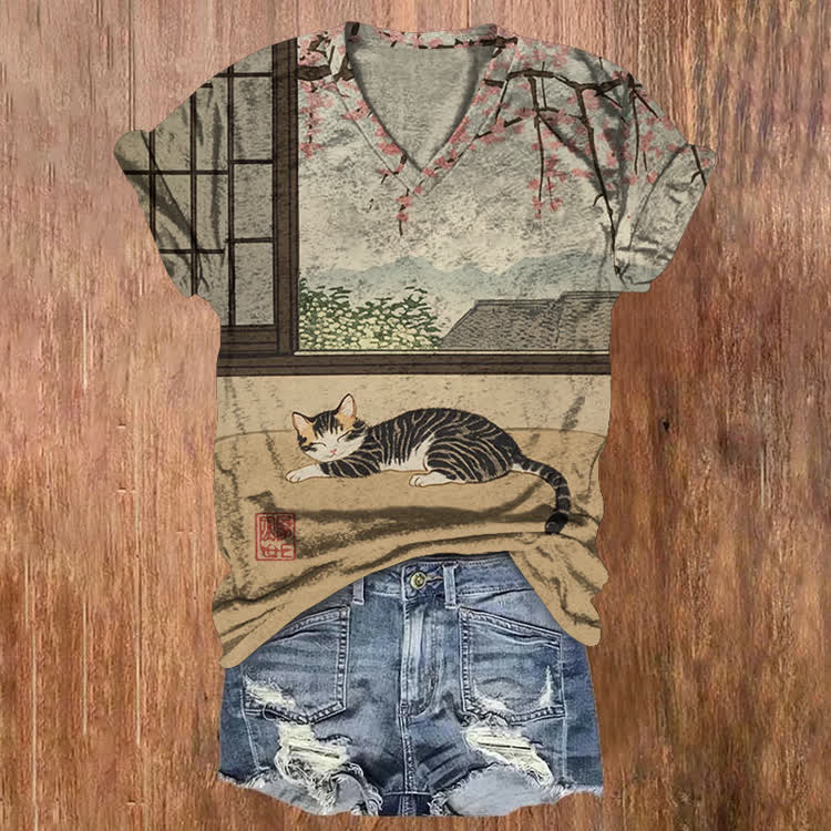 Japanese Lazy Little Kitten Pattern Print Short Sleeved V-Neck T-Shirt - Khaki - US32-34(5XL) - image 1
