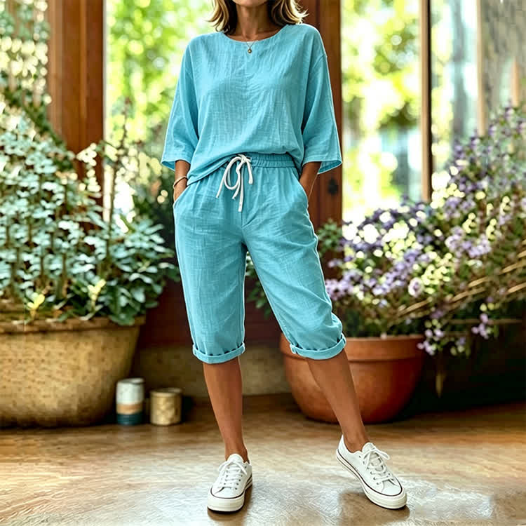 Elegant Solid Print 3/4 Sleeve Casual Blouse & Pocket Mid Short Set - Lake Blue - 4XL - image 2