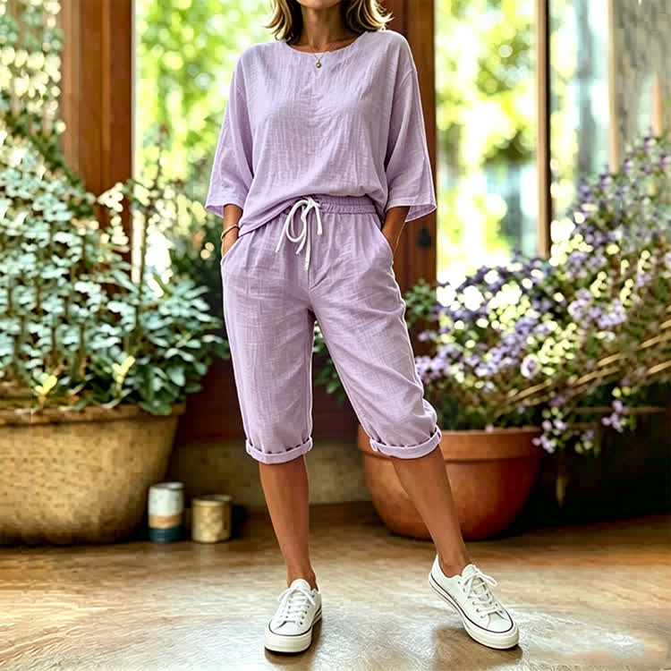 Elegant Solid Print 3/4 Sleeve Casual Blouse & Pocket Mid Short Set - Light Purple - 4XL - image 1