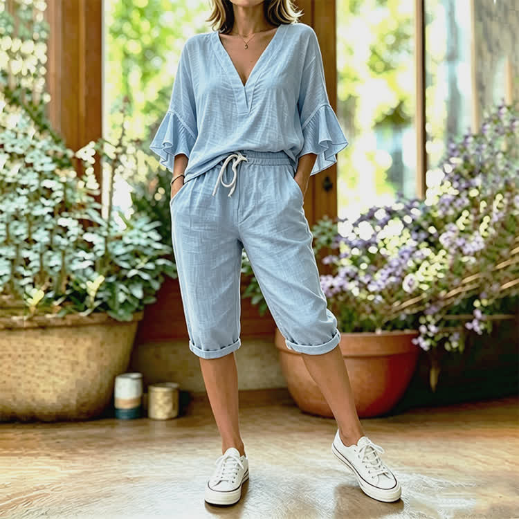 Elegant Solid Texture V-neck Half Sleeve Blouse & Pocket Mid Short Set - Light Blue - 4XL - image 2