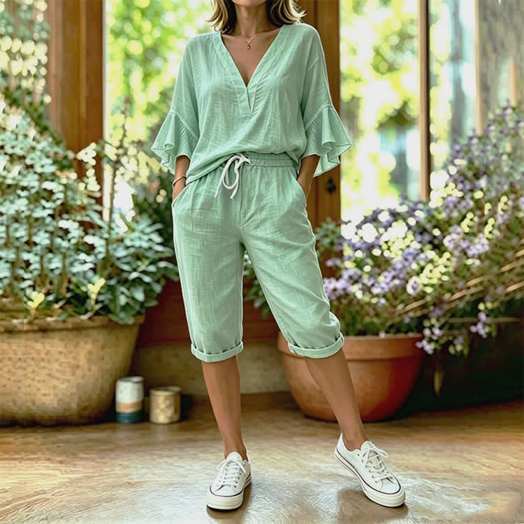 Elegant Solid Texture V-neck Half Sleeve Blouse & Pocket Mid Short Set - Light Green - 4XL - image 1