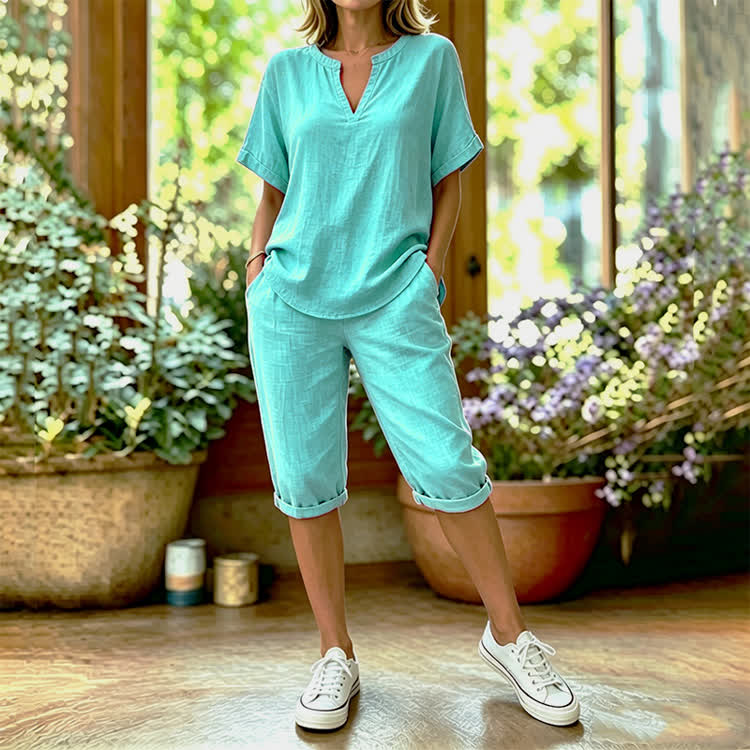 Solid Color Short Sleeve Casual Blouse & Pocket Mid Short Set - Lake Blue - 4XL - image 3