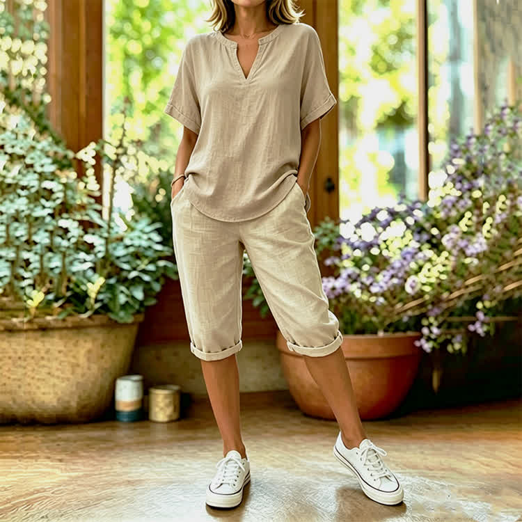 Solid Color Short Sleeve Casual Blouse & Pocket Mid Short Set - Apricot - 4XL - image 2