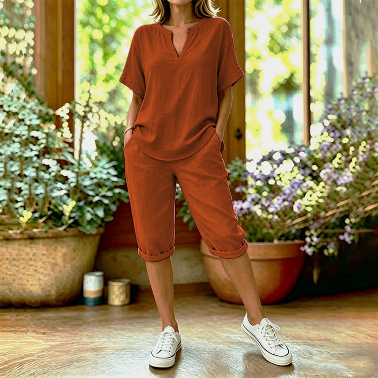 Solid Color Short Sleeve Casual Blouse & Pocket Mid Short Set - Caramel - 4XL - image 11
