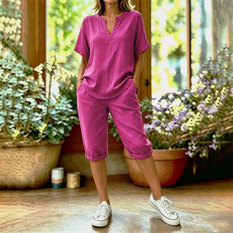 Solid Color Short Sleeve Casual Blouse & Pocket Mid Short Set - Rose - 4XL - image 1