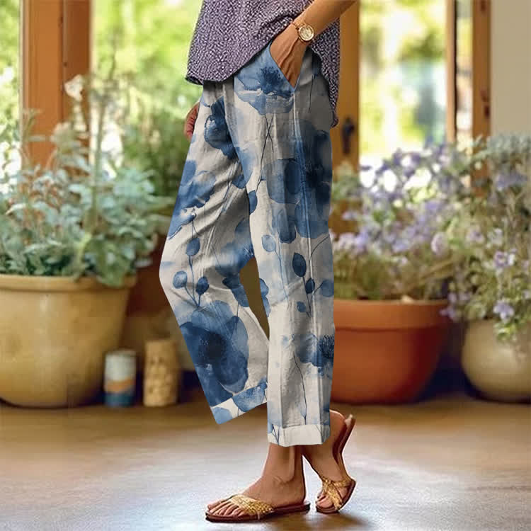 Watercolor-Style Large Floral Pattern Print Casual Pocket Pants  - Blue - US 20 (5XL) - image 1