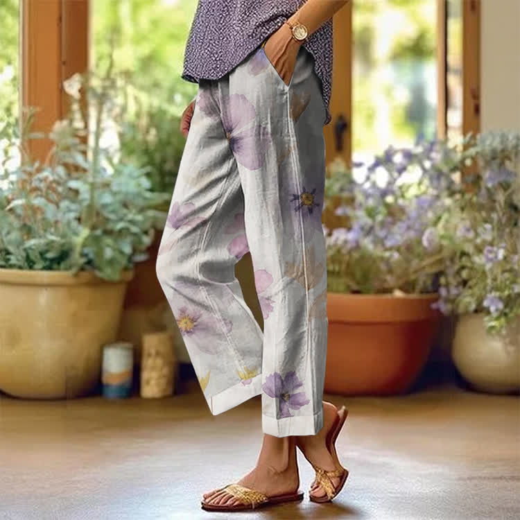 Romantic Dried Flower Specimen Pattern Print Casual Pocket Pants  - White - US 20 (5XL) - image 1