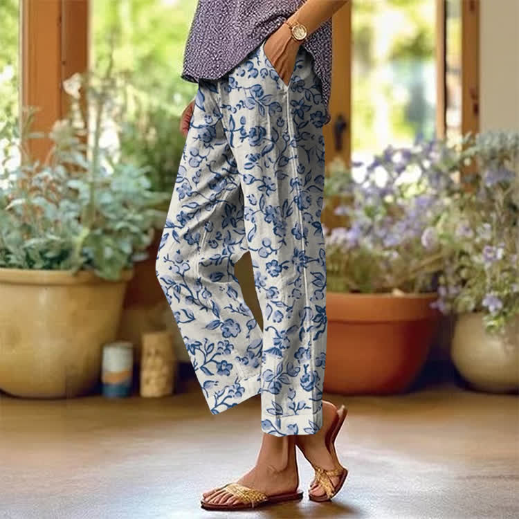 Romantic  Effortless Floral Pattern Print Casual Pocket Pants  - Blue - US 20 (5XL) - image 1