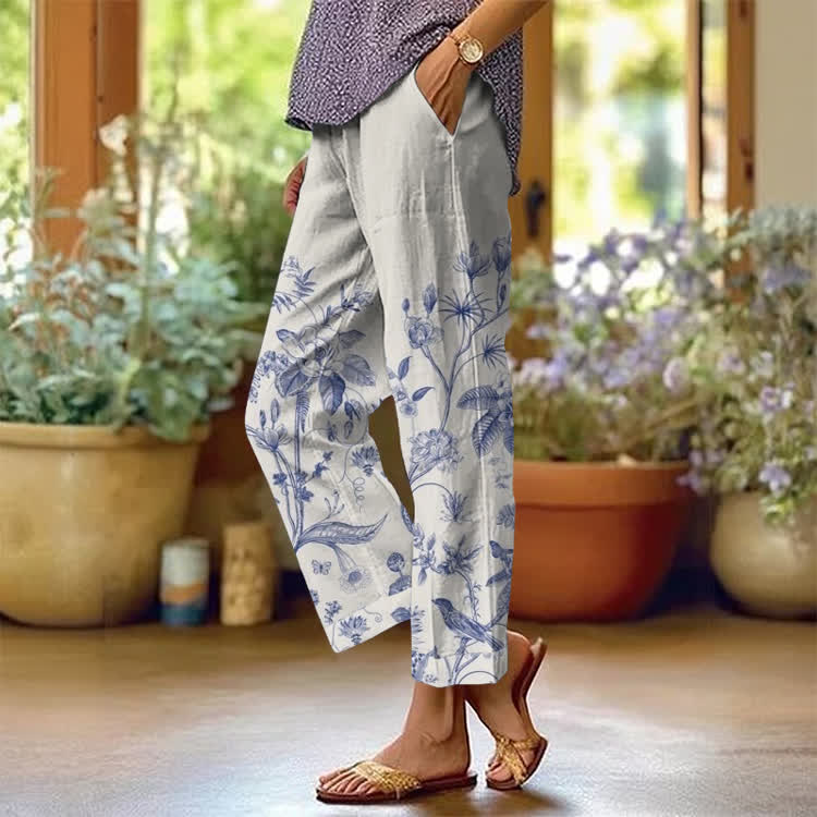 Vintage Sketch: Flowers And Birds Pattern Print Casual Pocket Pants  - Blue - US 20 (5XL) - image 1