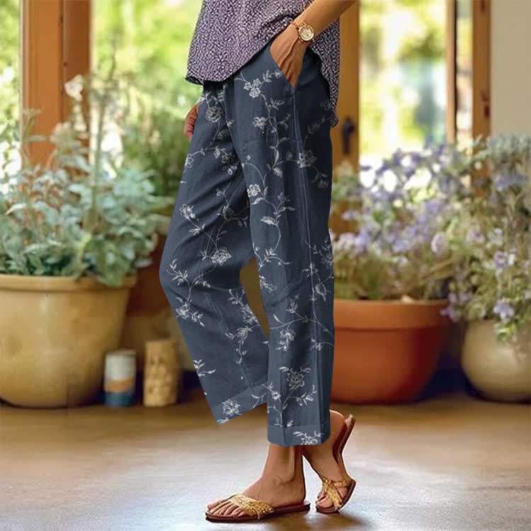 Romantic Intertwined Floral Sprigs Pattern Print Casual Pocket Pants  - Dark Blue - US 20 (5XL) - image 1