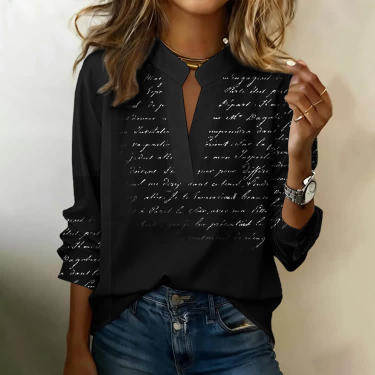 Elegant Letter Monogram Pattern Print Notch-collar Long-sleeve Blouse - Black - US 18-20 (4XL) - image 2