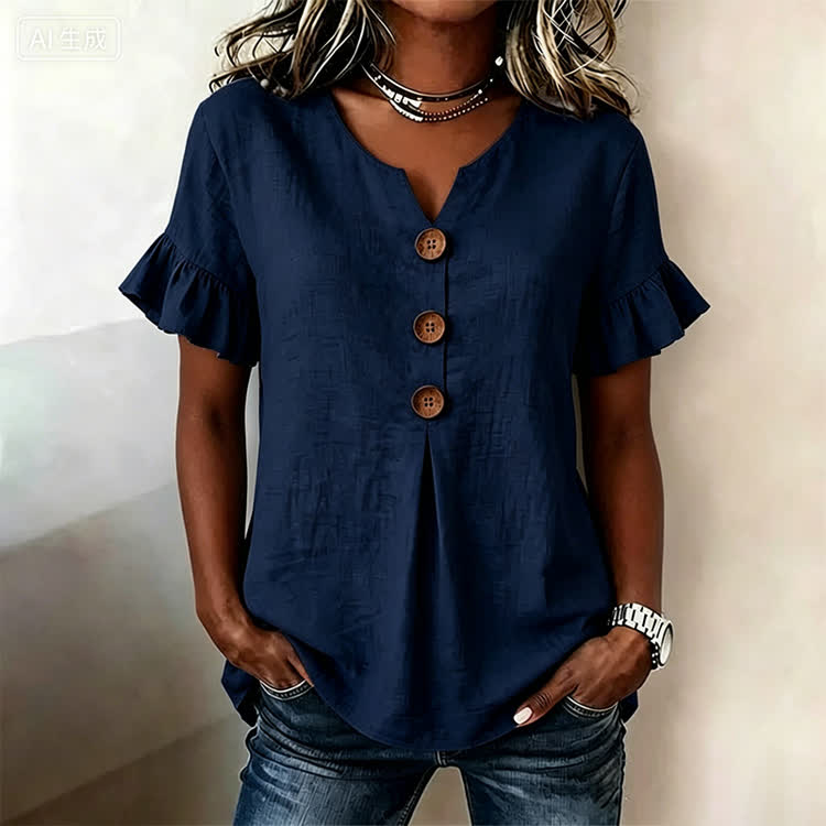 Solid Button Short Ruffle Sleeves V-neck Blouse - Navy Blue - US32-34(5XL) - image 6