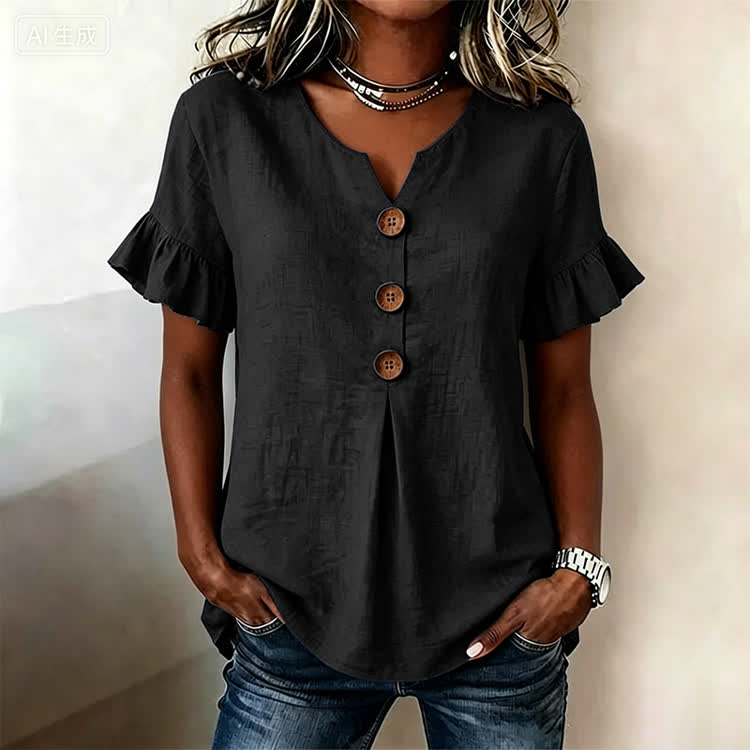 Solid Button Short Ruffle Sleeves V-neck Blouse - Black - US32-34(5XL) - image 5
