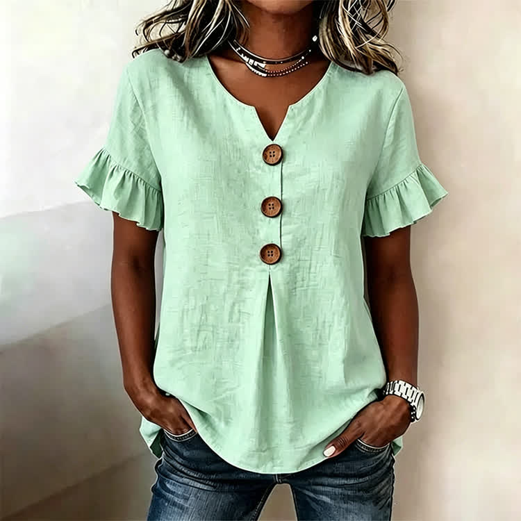 Solid Button Short Ruffle Sleeves V-neck Blouse - Mint - US32-34(5XL) - image 2