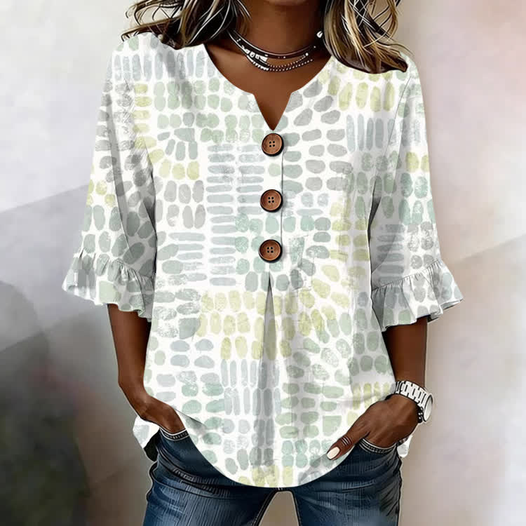 Geometric Color-Blocked Irregular Stripes Print  V-Neck Button Front  Ruffle Sleeve Blouse - Light Green - US32-34(5XL) - image 2