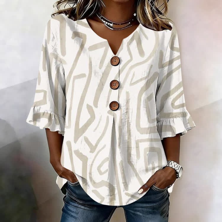 Irregular Geometry  Print  V-Neck Button Front  Ruffle Sleeve Blouse - Pink - US32-34(5XL) - image 3