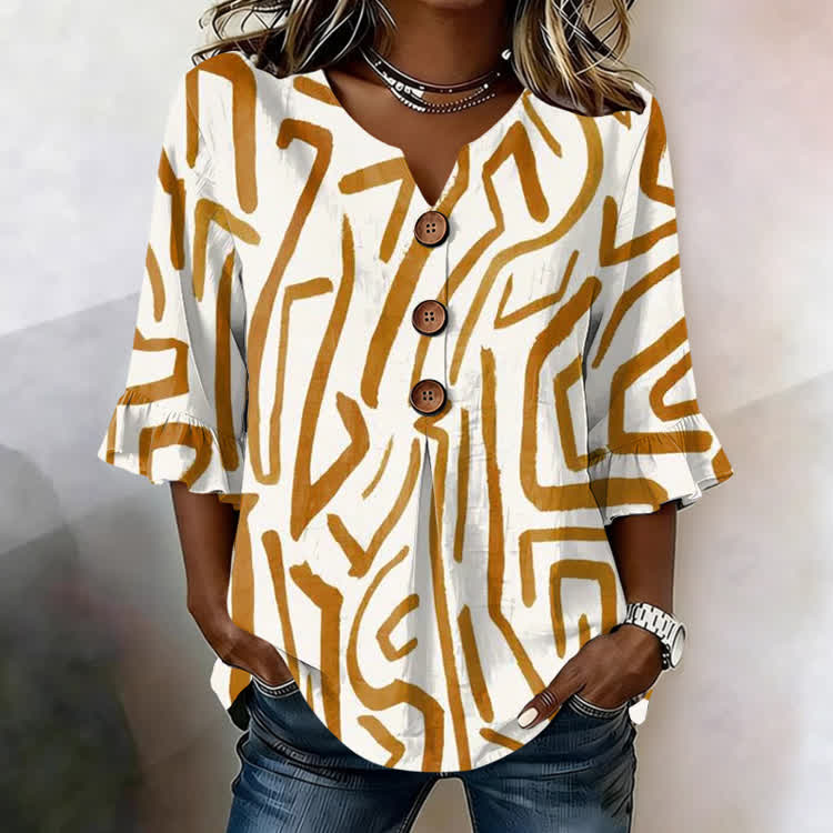 Irregular Geometry  Print  V-Neck Button Front  Ruffle Sleeve Blouse - image 2