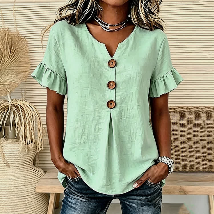 Solid Button Short Ruffle Sleeves V-neck Blouse - image 13