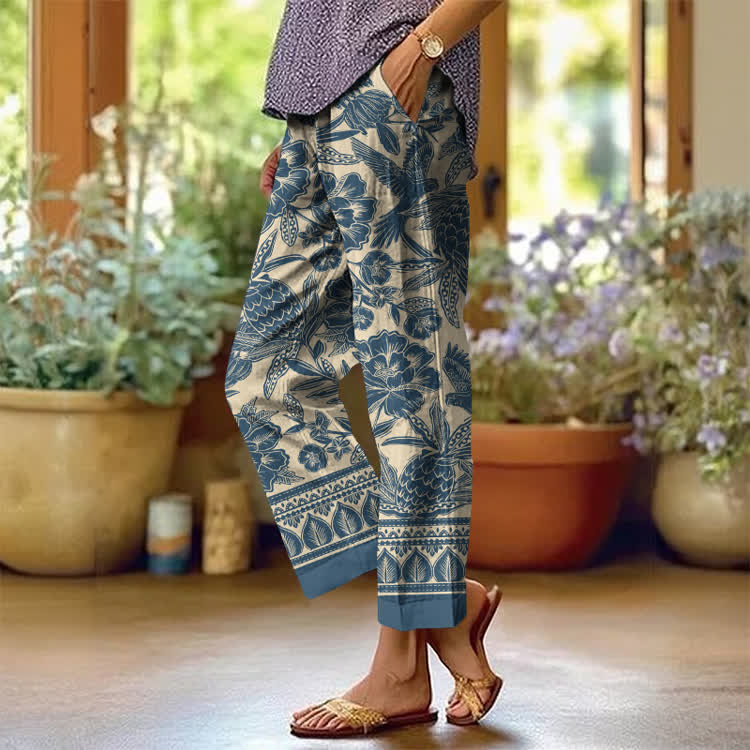 Tropical Plants Texture Pattern Print Casual Pocket Pants  - Blue - US 20 (5XL) - image 1
