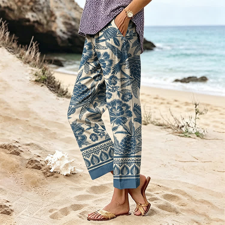 Tropical Plants Texture Pattern Print Casual Pocket Pants  - image 3
