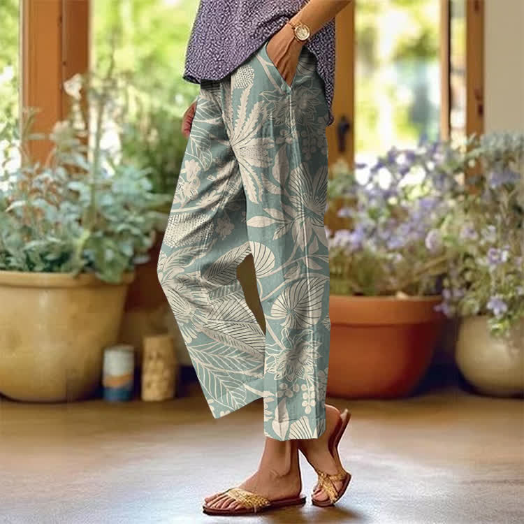 Tropical Plant Silhouettes Texture Pattern Print Casual Pocket Pants  - Light Green - US 20 (5XL) - image 2