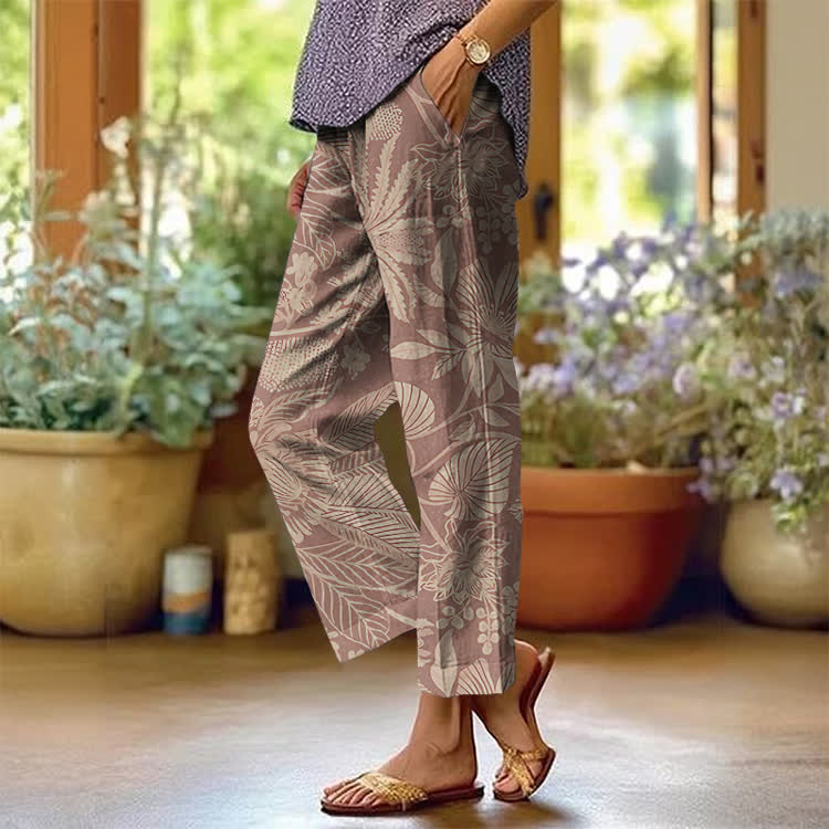 Tropical Plant Silhouettes Texture Pattern Print Casual Pocket Pants  - Red - US 20 (5XL) - image 1