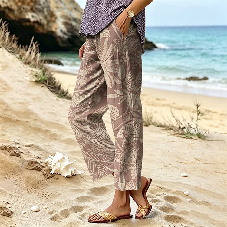 Tropical Plant Silhouettes Texture Pattern Print Casual Pocket Pants  - image 3