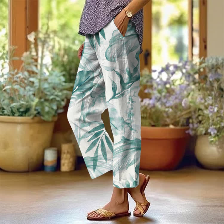 Watercolor Palm Leaves Texture Pattern Print Casual Pocket Pants  - Green - US 20 (5XL) - image 2