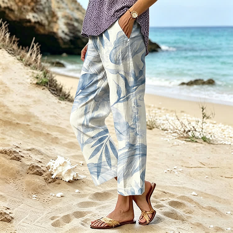 Watercolor Palm Leaves Texture Pattern Print Casual Pocket Pants  - image 3
