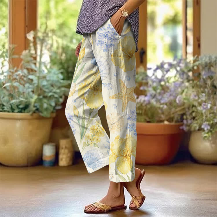 Tropical Beach Seashells Texture Pattern Print Casual Pocket Pants  - Yellow - US 20 (5XL) - image 1