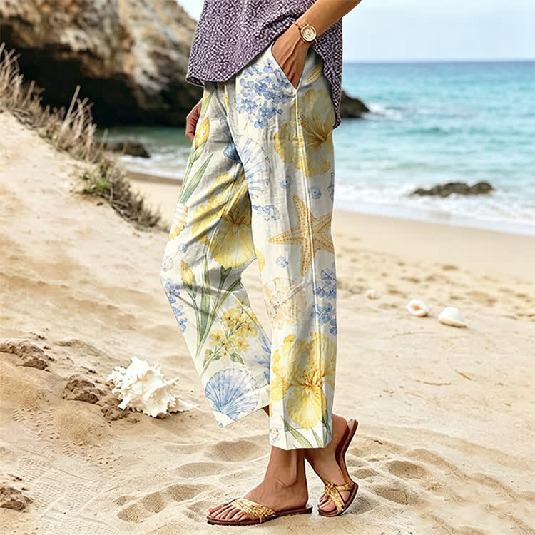 Tropical Beach Seashells Texture Pattern Print Casual Pocket Pants  - image 3