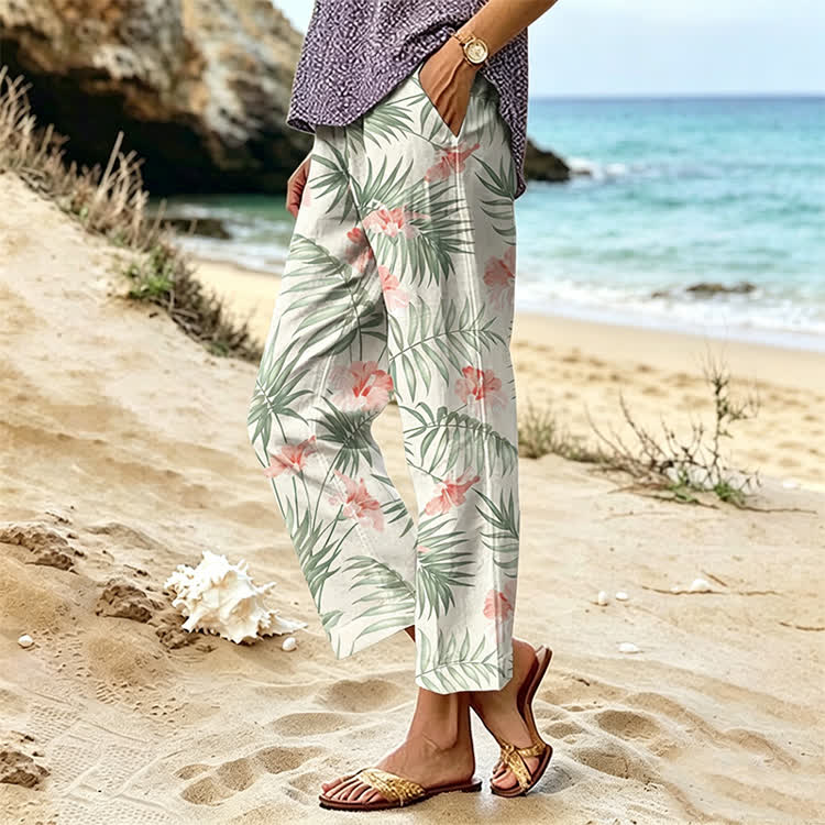 Tropical Palm Flowers Texture Pattern Print Casual Pocket Pants  - image 3