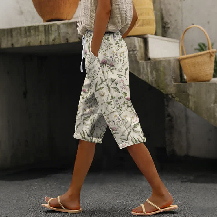 Vintage Wildflowers And Grasses Pattern Print Casual Pocket Mid Short Pants  - Apricot - US 24 (4XL) - image 1