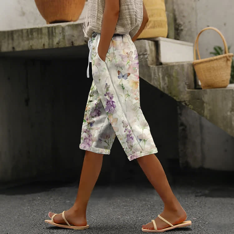 Watercolor Wisteria And Butterfly Pattern Print Casual Pocket Mid Short Pants  - Apricot - US 24 (4XL) - image 1