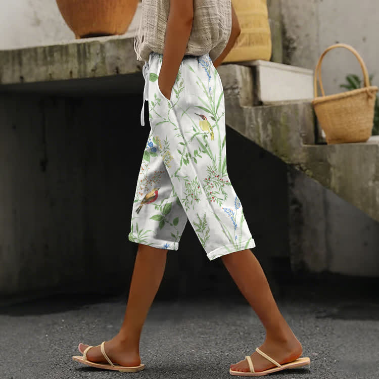 Watercolor Flowers And Birds World Pattern Print Casual Pocket Mid Short Pants  - Green - US 24 (4XL) - image 1