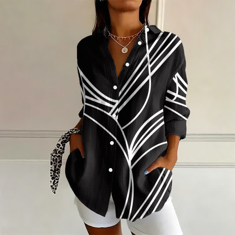 Casual Abstract Line Print Long Sleeve Blouse - Black - 4XL - image 2