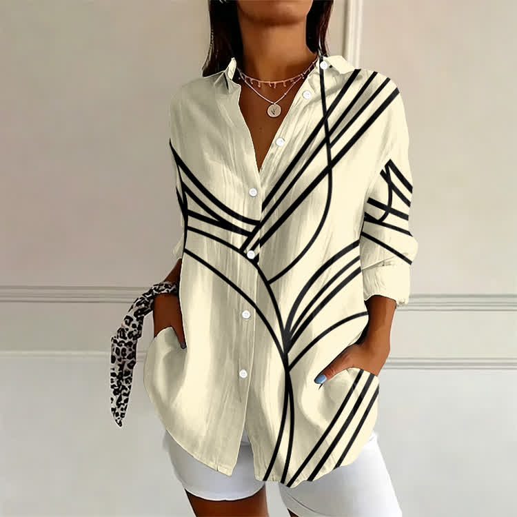 Casual Abstract Line Print Long Sleeve Blouse - Apricot - 4XL - image 4
