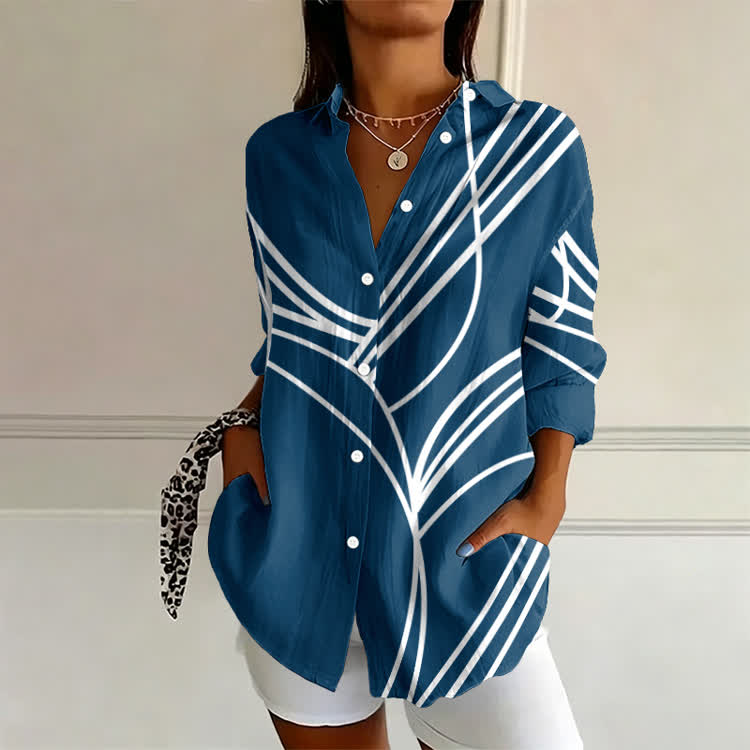 Casual Abstract Line Print Long Sleeve Blouse - Blue - 4XL - image 3