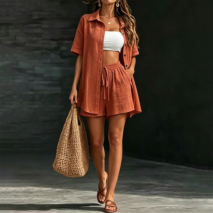 Solid Casual Texture Short-sleeve Shirt & Large Pocket Shorts Set - Caramel - 2XL - image 2