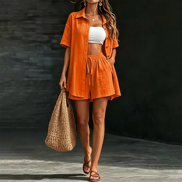 Solid Casual Texture Short-sleeve Shirt & Large Pocket Shorts Set - Orange - 2XL - image 5