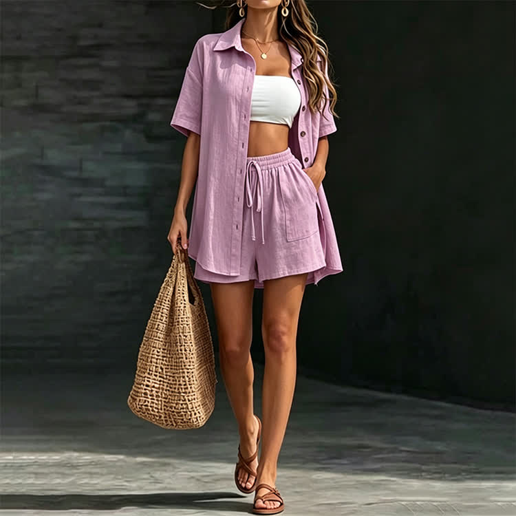 Solid Casual Texture Short-sleeve Shirt & Large Pocket Shorts Set - Pink - 2XL - image 1