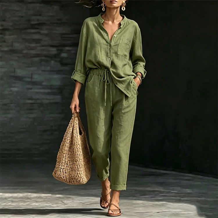 Solid Casual Texture Stand Collar Long-sleeve Shirt & Large Pocket Pants Set - Army Green - 5XL - image 3