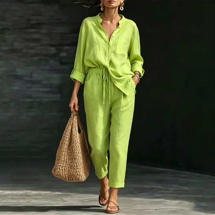 Solid Casual Texture Stand Collar Long-sleeve Shirt & Large Pocket Pants Set - Green - 5XL - image 2