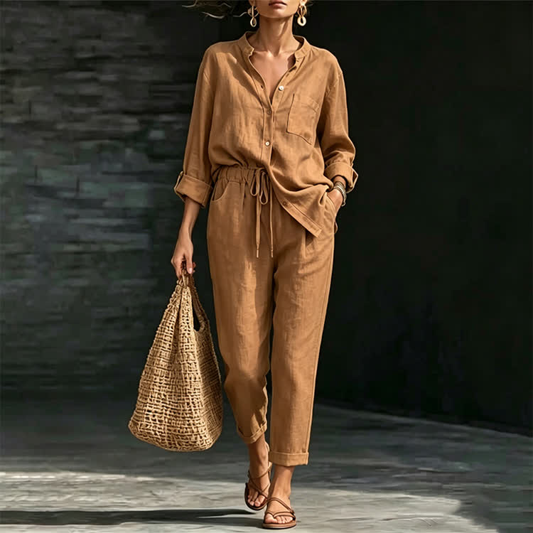 Solid Casual Texture Stand Collar Long-sleeve Shirt & Large Pocket Pants Set - Khaki - 5XL - image 10