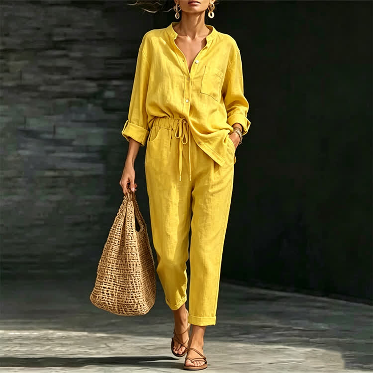 Solid Casual Texture Stand Collar Long-sleeve Shirt & Large Pocket Pants Set - Yellow - 5XL - image 1